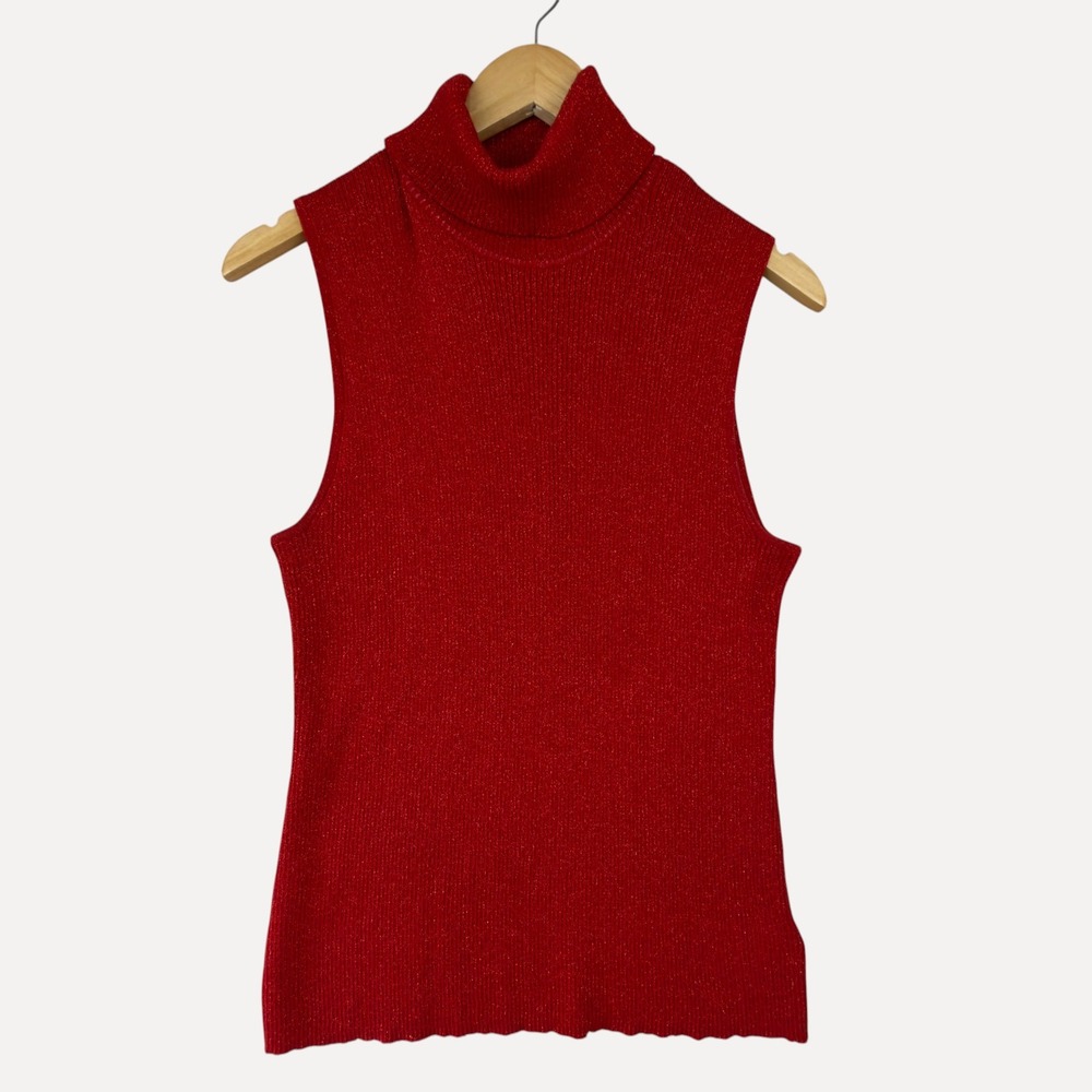 Women's Sleeveless Top Turtleneck Knit Metalic Large 14-16 Red Holiday Party